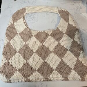 Kopari Knit Shoulder Bag Beige Cream Checkerboard Crochet Tote Boho Coastal Chic